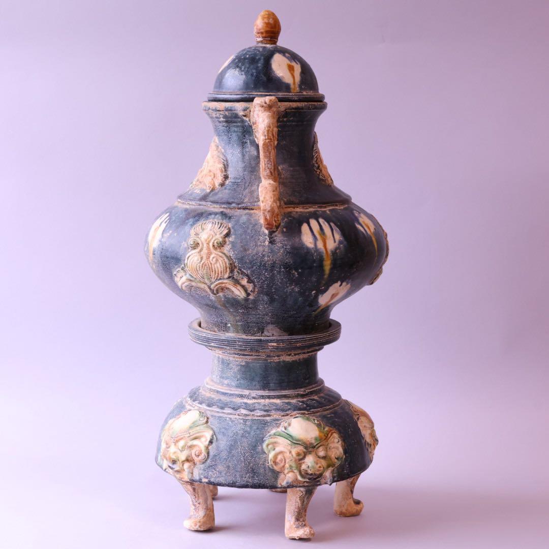 時代物 唐三彩藍釉壷 木箱付