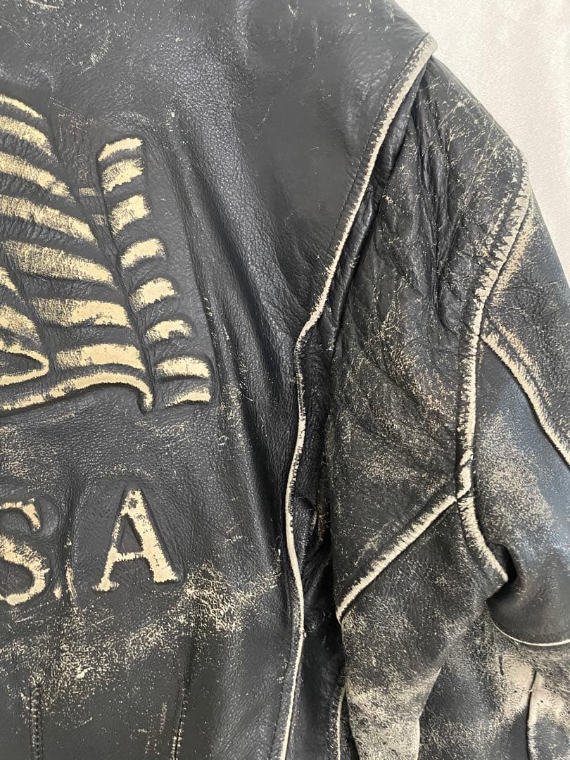 アメリカ国旗刺繍 ブラックレザーライダースジャケット