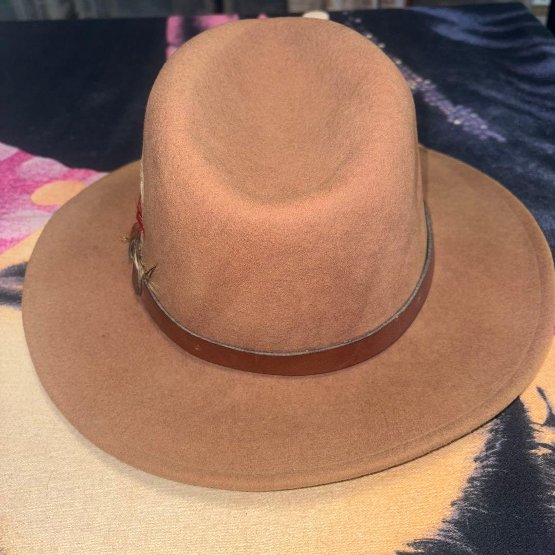 米国製 キャメル ウールフェルト ハット 羽根付き