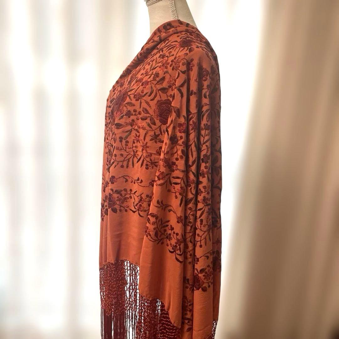 新品！シルク製高級マントン・オレンジ地赤刺繍　フラメンコ⭐︎ショール⭐︎衣装