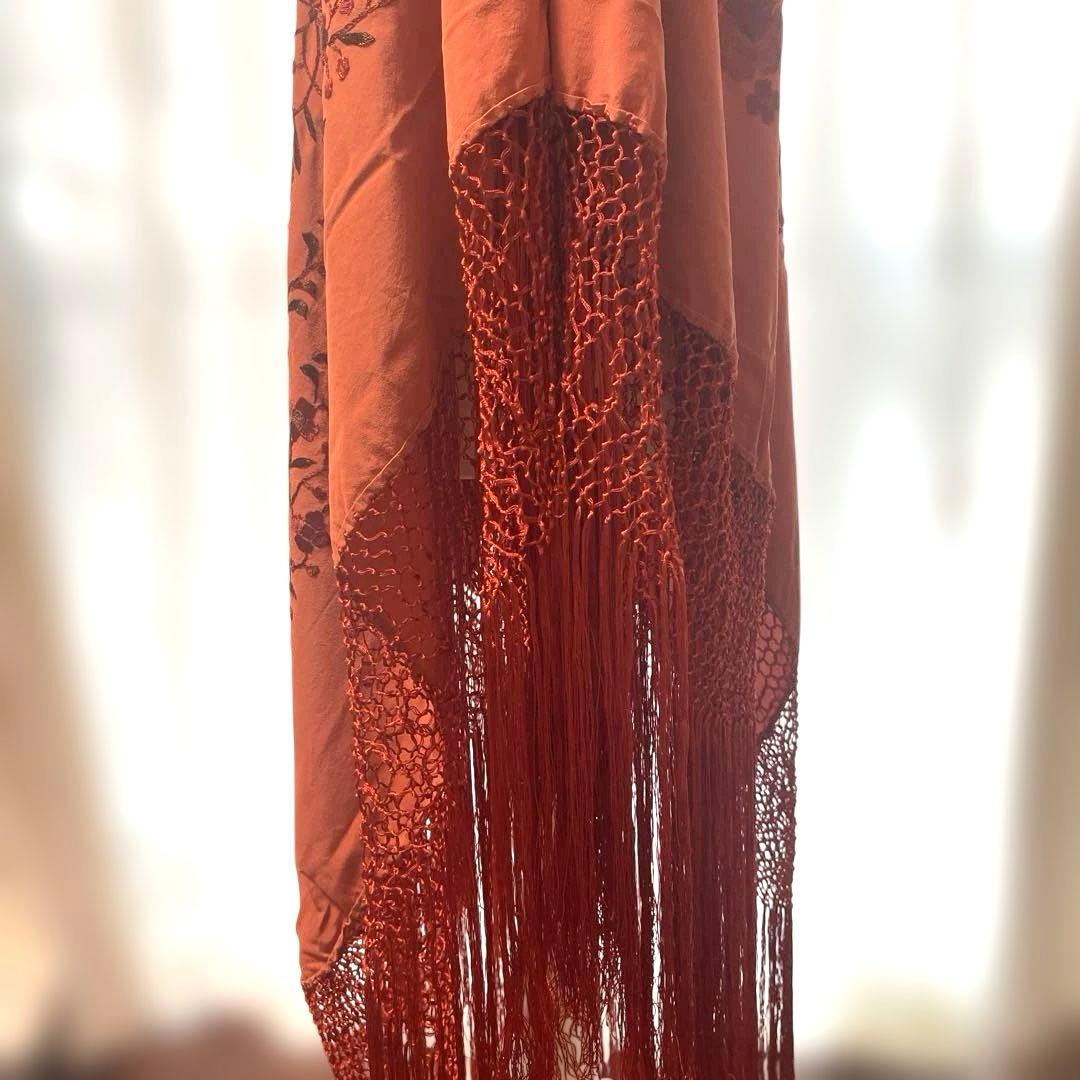 新品！シルク製高級マントン・オレンジ地赤刺繍　フラメンコ⭐︎ショール⭐︎衣装