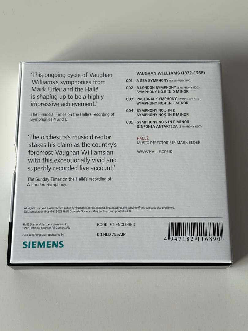 ヴォーン・ウィリアムズ　交響曲全集　マーク・エルダー＆ハレ管弦楽団　５CD