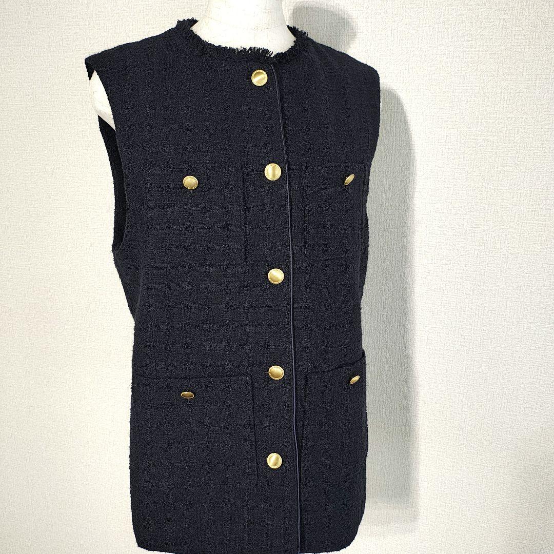 美品 グリーンレーベルリラクシング ツイード フリンジ ポケット ベスト ジレ
