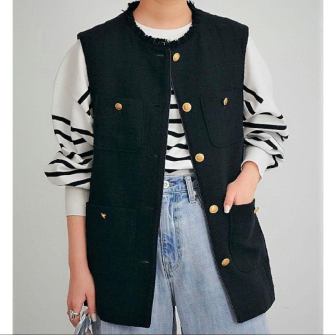 美品 グリーンレーベルリラクシング ツイード フリンジ ポケット ベスト ジレ