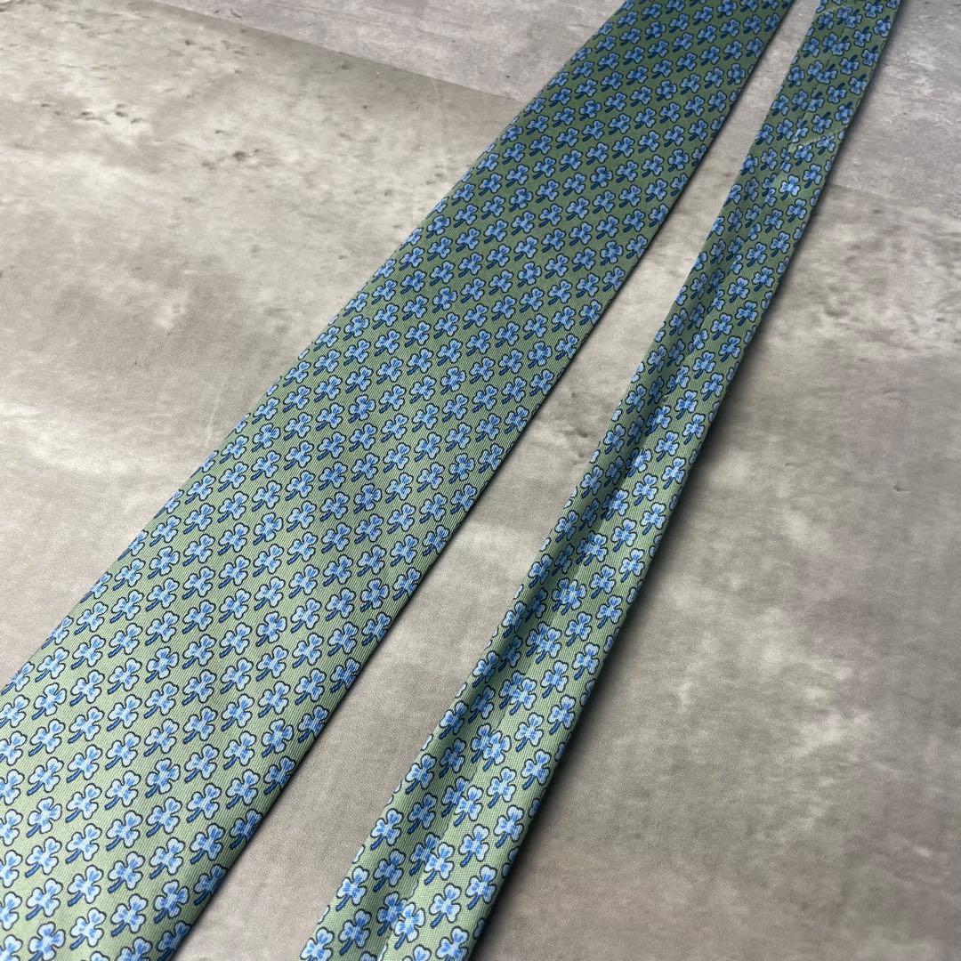 美品 HERMES エルメス クローバー 葉っぱ柄 ネクタイ ライトブルー 黄緑