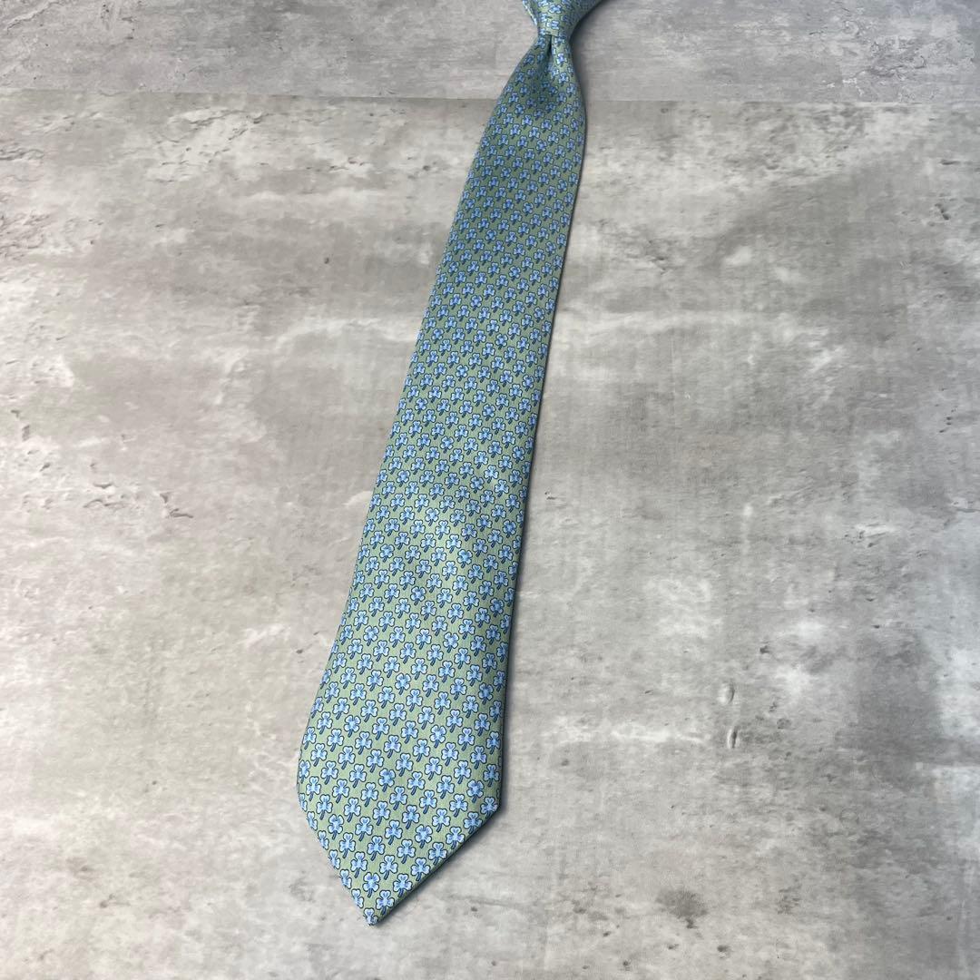 美品 HERMES エルメス クローバー 葉っぱ柄 ネクタイ ライトブルー 黄緑