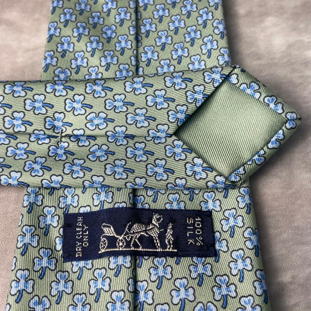 美品 HERMES エルメス クローバー 葉っぱ柄 ネクタイ ライトブルー 黄緑