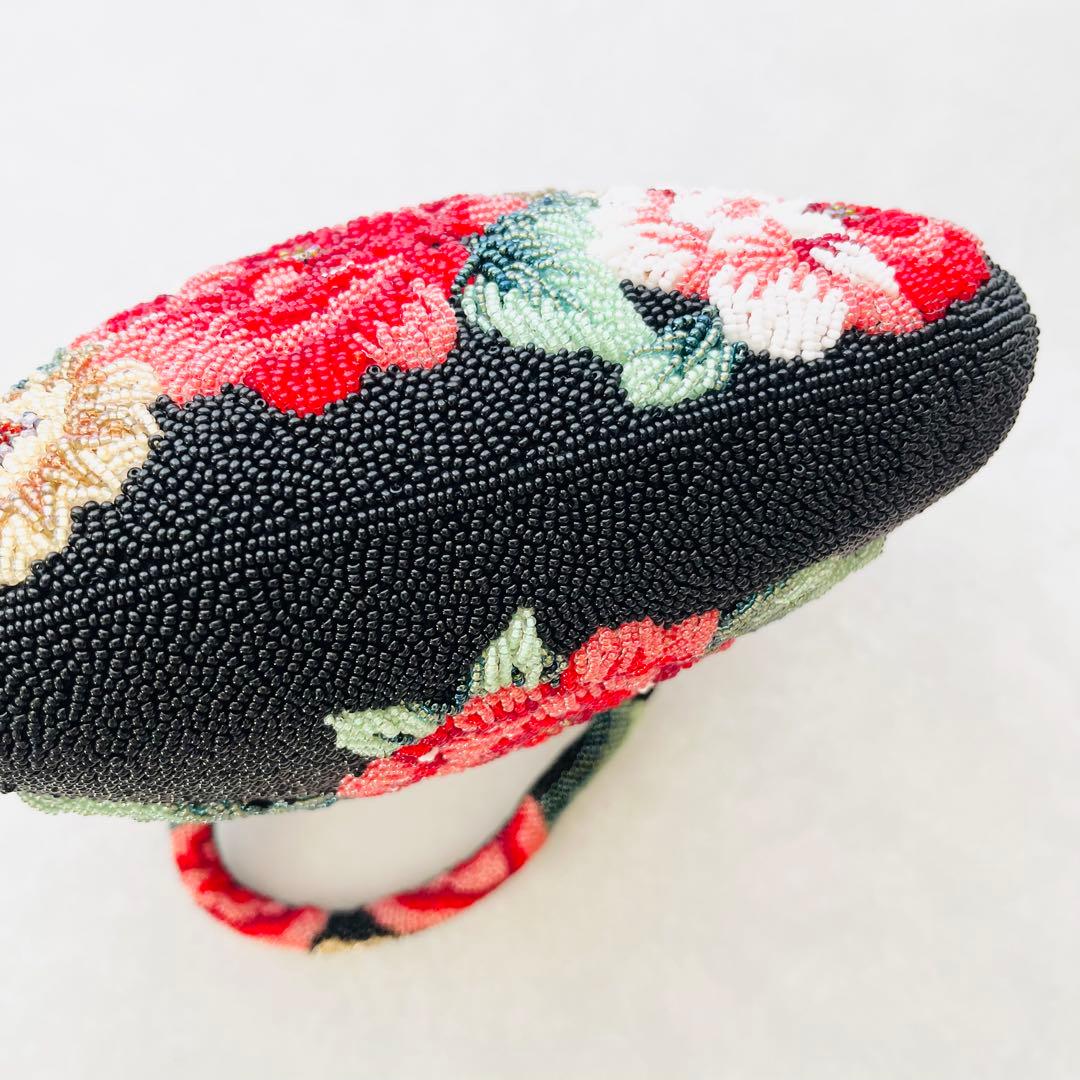 ビーズバッグ 花柄 ハンドバッグ 和装小物 新品未使用 がま口 黒