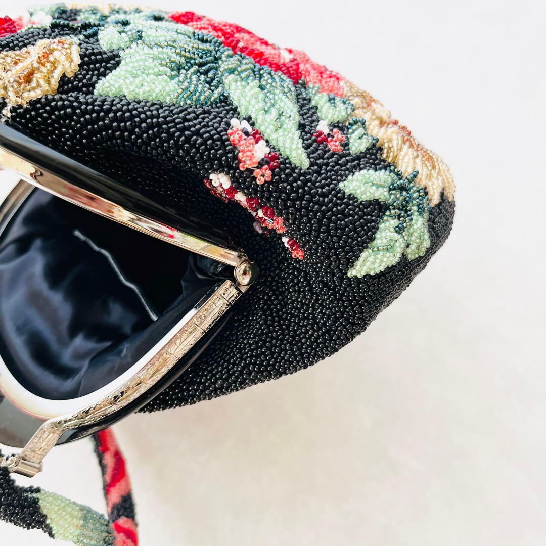 ビーズバッグ 花柄 ハンドバッグ 和装小物 新品未使用 がま口 黒