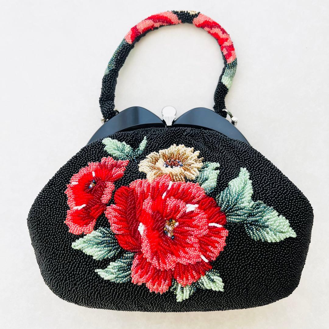 ビーズバッグ 花柄 ハンドバッグ 和装小物 新品未使用 がま口 黒