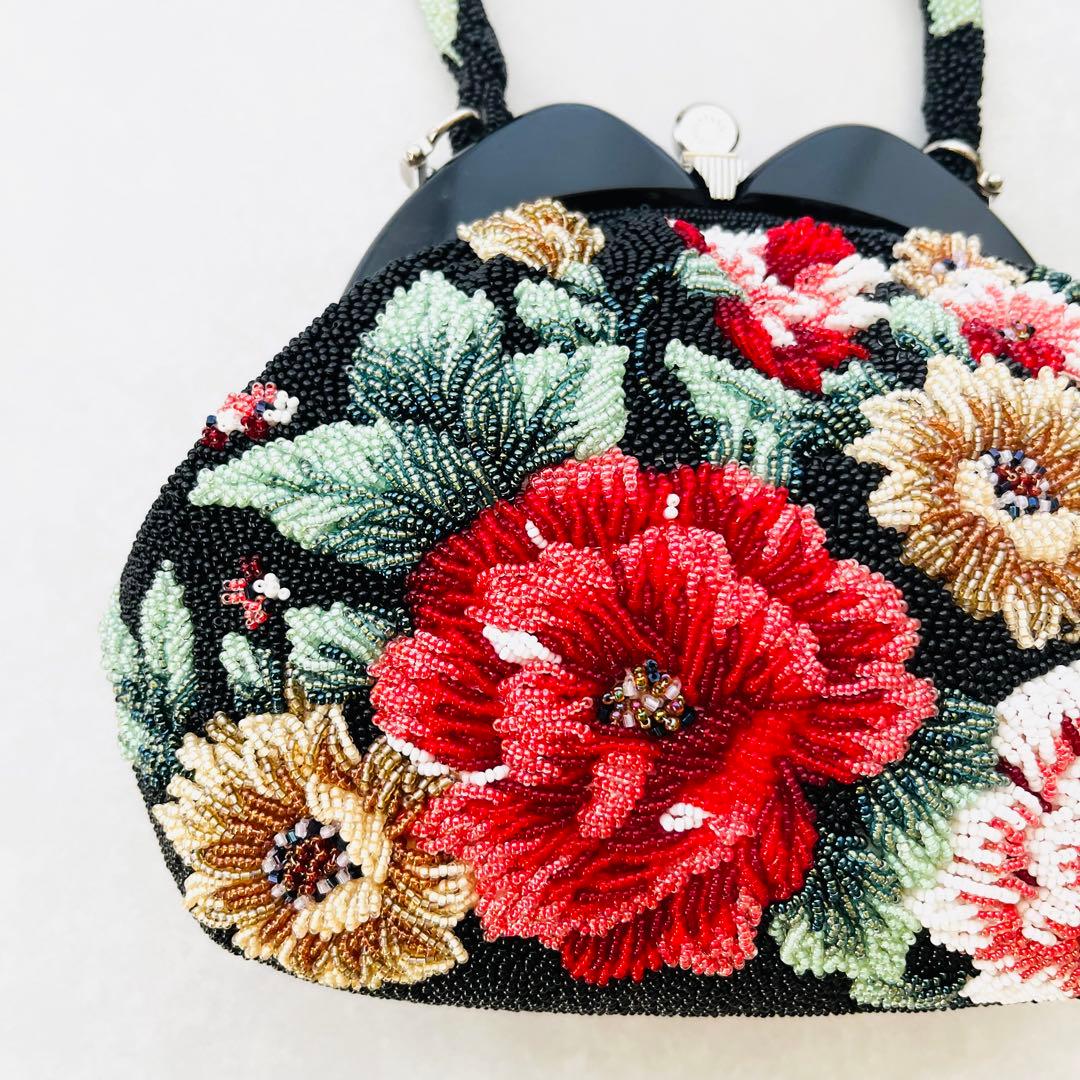 ビーズバッグ 花柄 ハンドバッグ 和装小物 新品未使用 がま口 黒