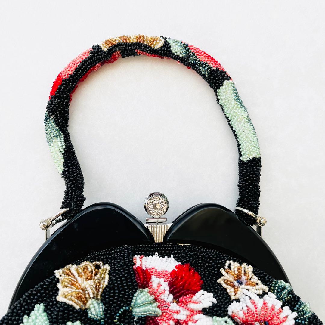 ビーズバッグ 花柄 ハンドバッグ 和装小物 新品未使用 がま口 黒