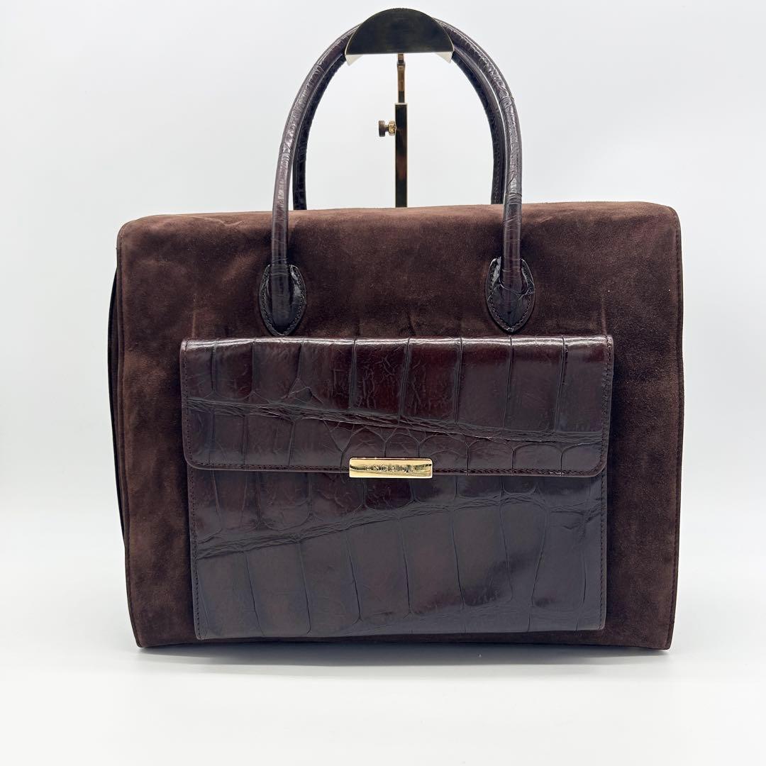 A616 【良品】ESCADA トートバッグ クロコ型押し×スエード イタリア製