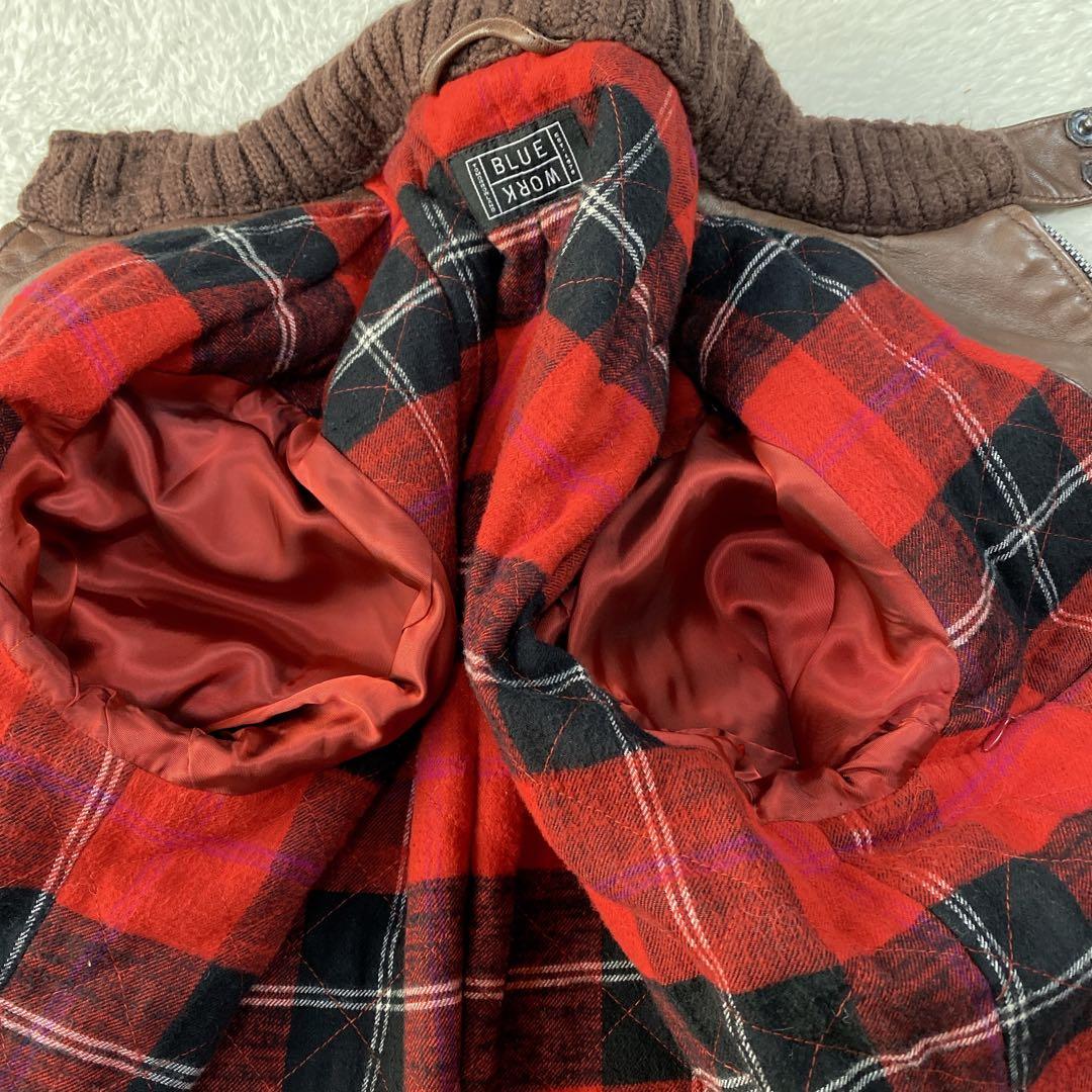 BLUE WORK ラム 裏地チェック 立襟 riri シングルライダース M