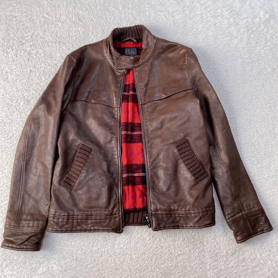 BLUE WORK ラム 裏地チェック 立襟 riri シングルライダース M