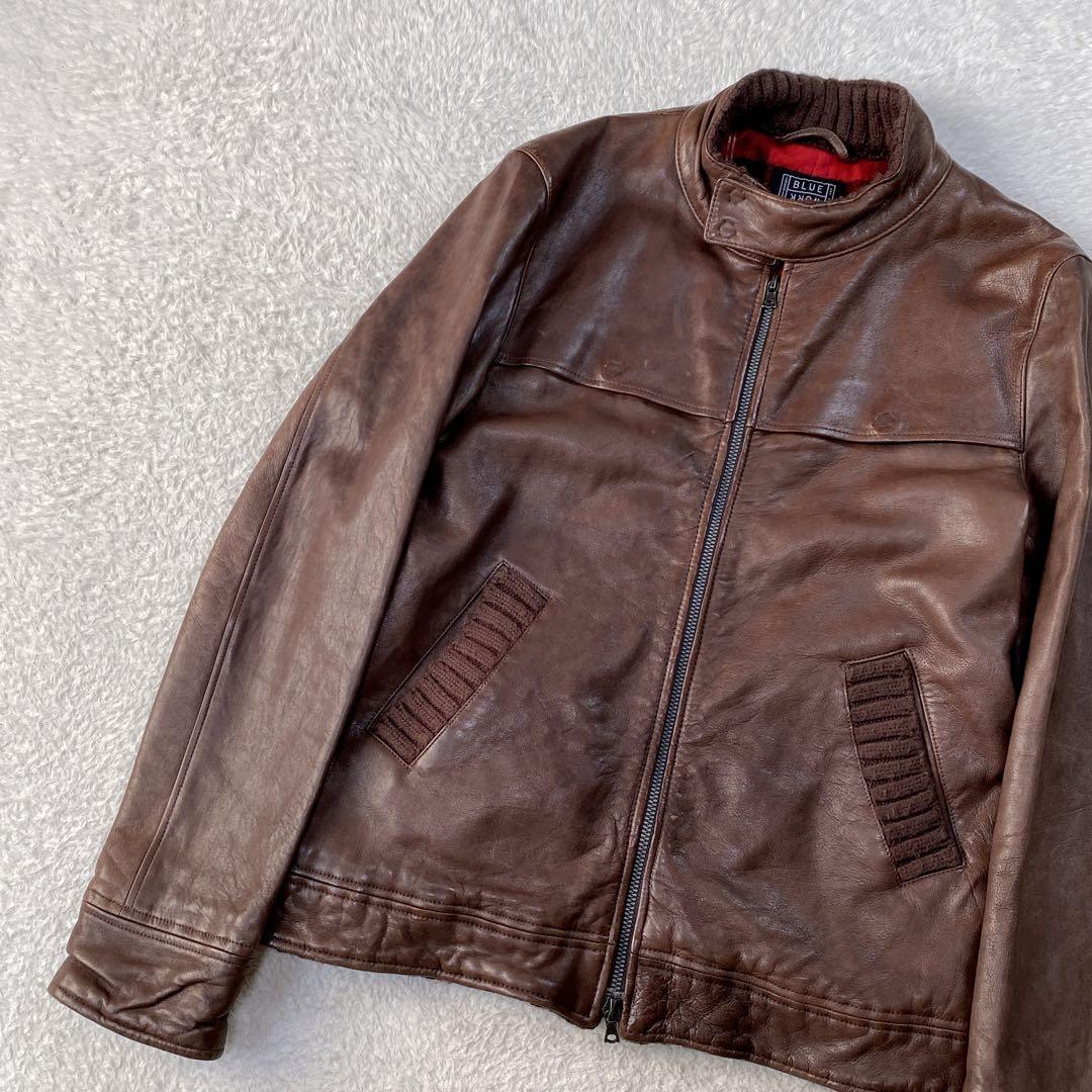 BLUE WORK ラム 裏地チェック 立襟 riri シングルライダース M