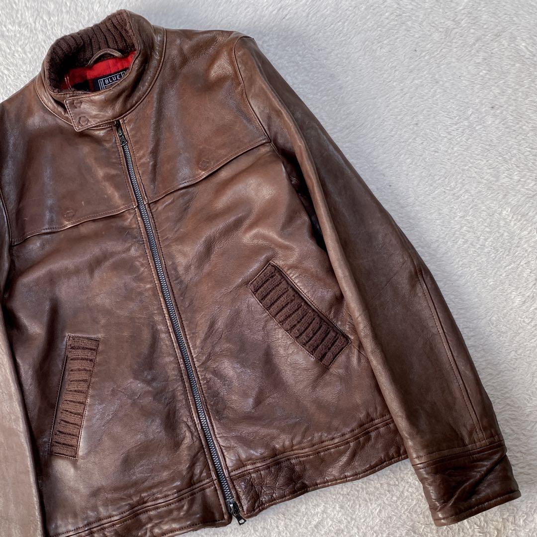 BLUE WORK ラム 裏地チェック 立襟 riri シングルライダース M