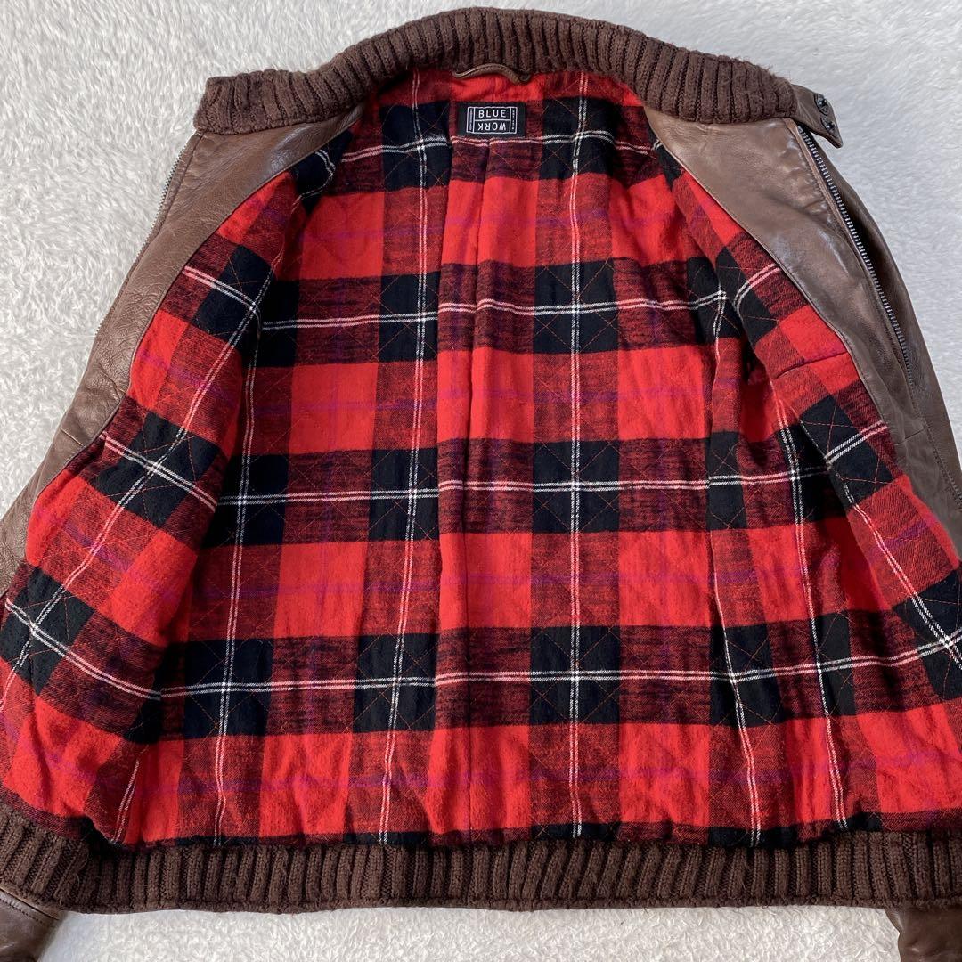 BLUE WORK ラム 裏地チェック 立襟 riri シングルライダース M