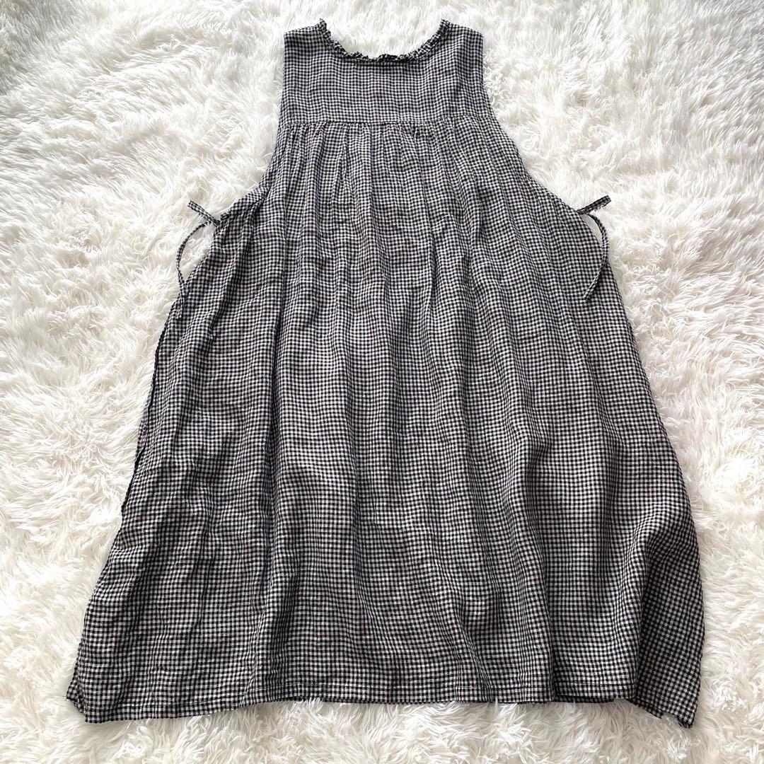 美品　ubasoku ワンピース　リネン　ギンガムチェック　フリル　リボン