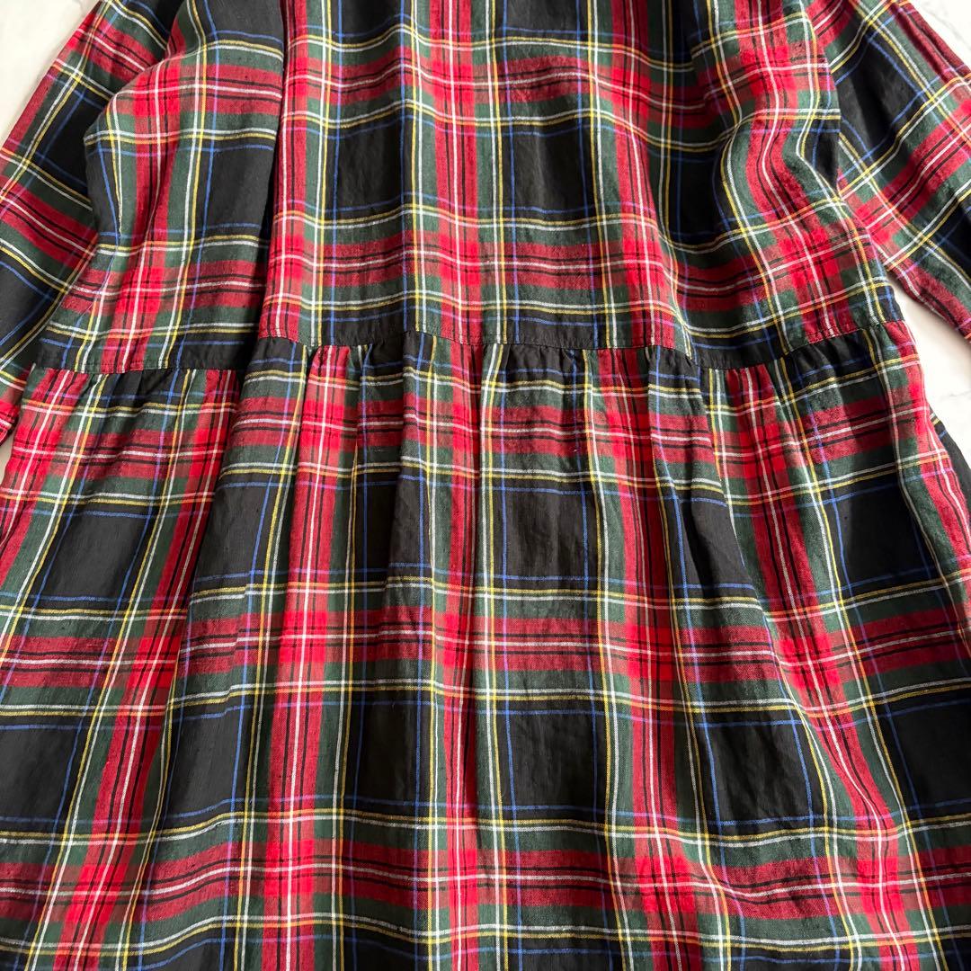 ICHI Antiquites ワンピース リネン100% タータンチェック 赤