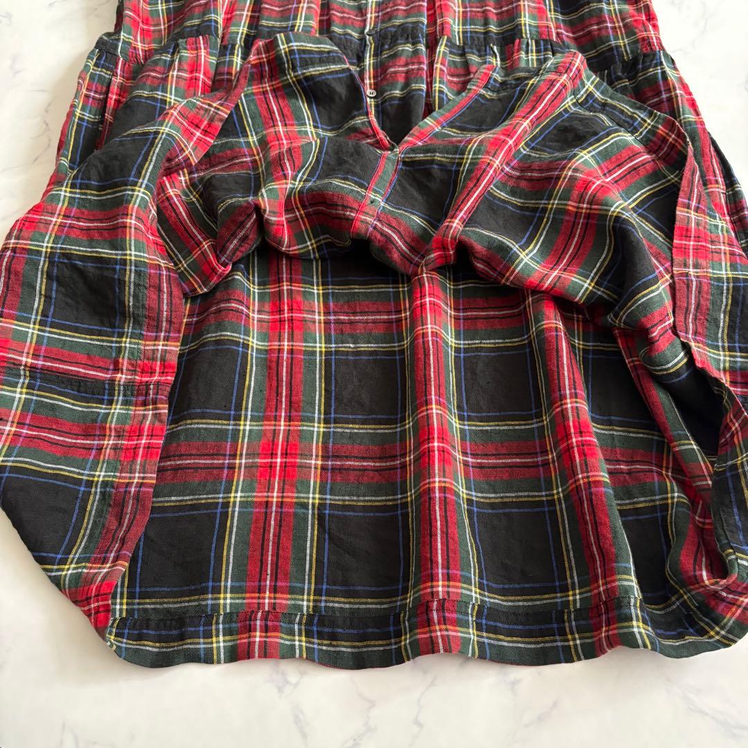 ICHI Antiquites ワンピース リネン100% タータンチェック 赤