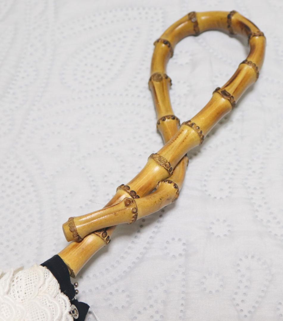 新品タグ付き【長傘 日傘】綿100％ 希少!竹ねじれ持ち手 高級レース使用 黒