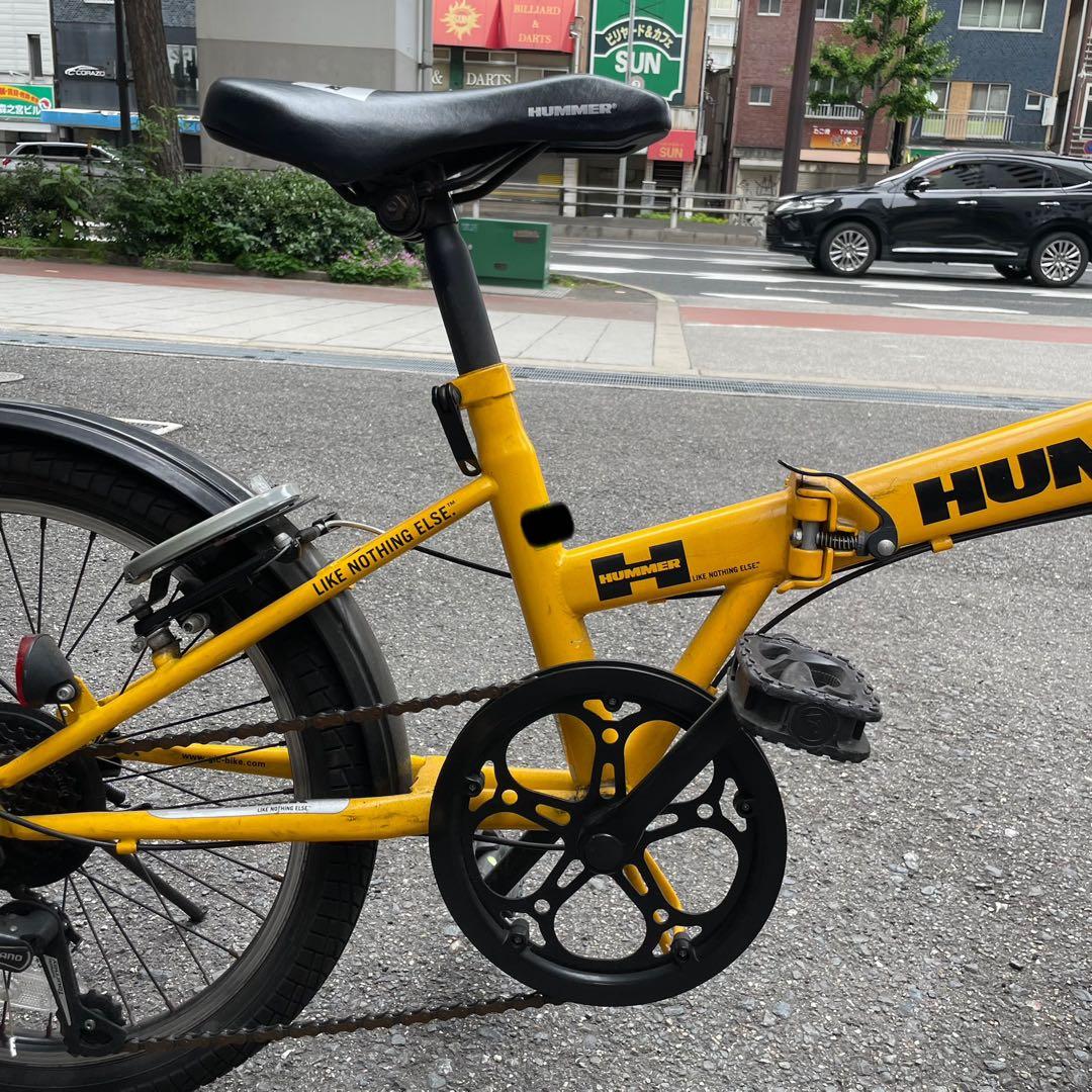 HUMMER ハマーイエロー 折りたたみ自転車 前カゴ付きロック付きギア7段あり