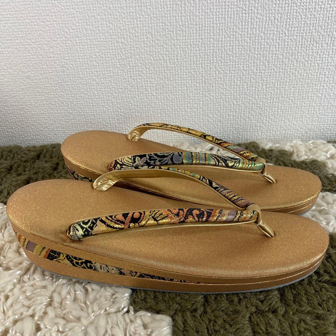 ゴールド系 振袖 着物 和装用バッグ 草履22~22.5㎝ 2点セット