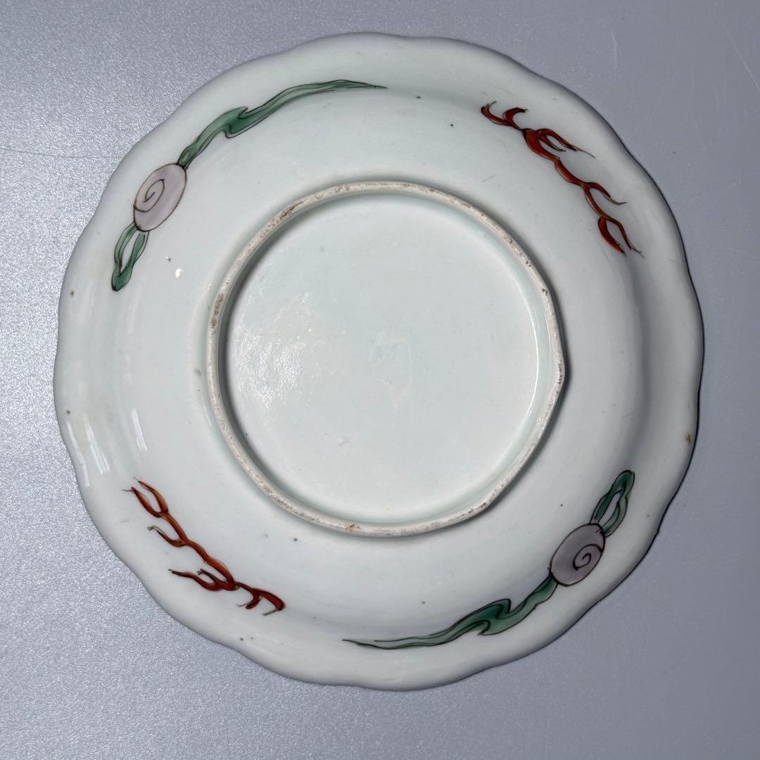 江戸後期〜明治　古伊万里　色絵屏風文様輪花形五寸皿　五枚　15.6cm　料理屋