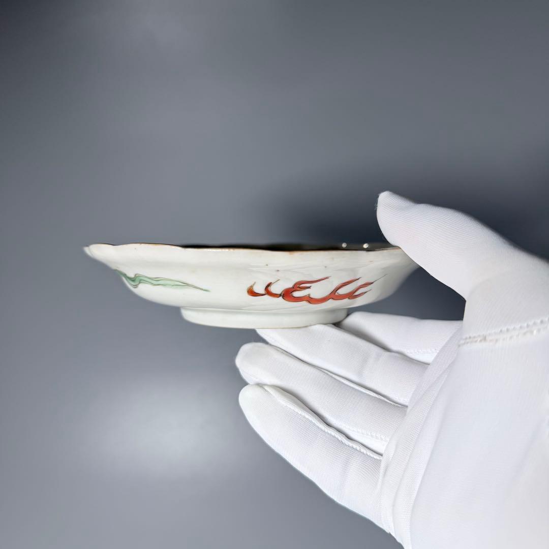 江戸後期〜明治　古伊万里　色絵屏風文様輪花形五寸皿　五枚　15.6cm　料理屋