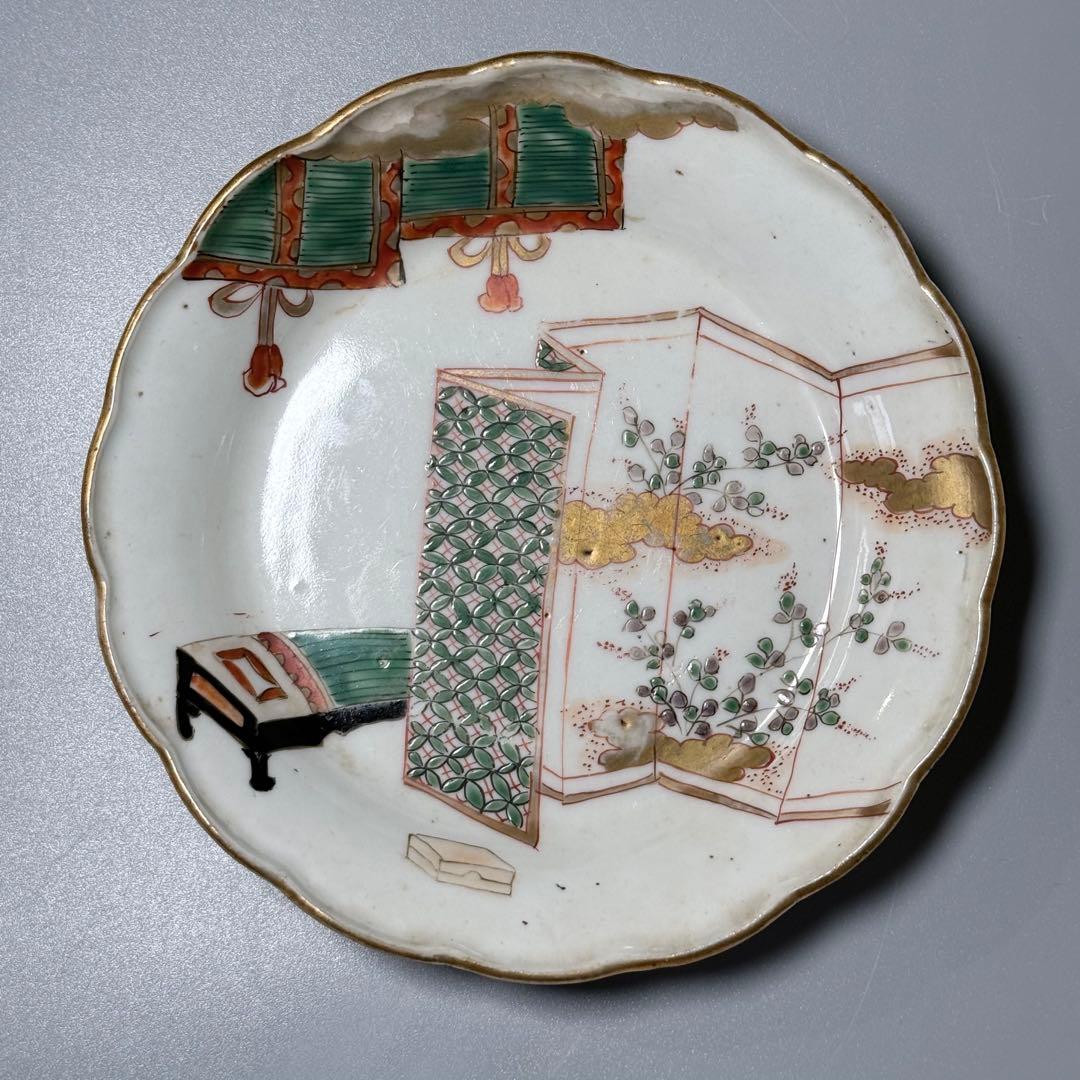 江戸後期〜明治　古伊万里　色絵屏風文様輪花形五寸皿　五枚　15.6cm　料理屋