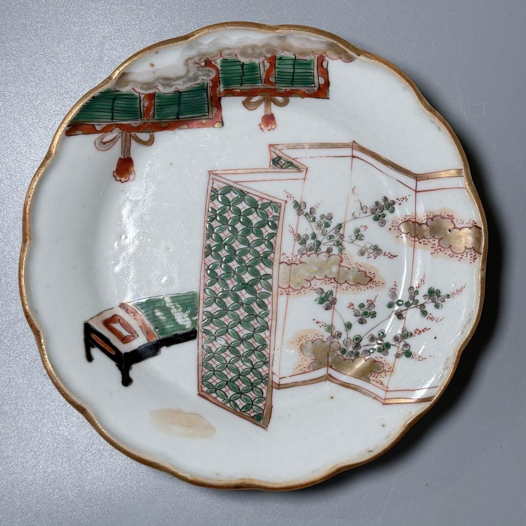 江戸後期〜明治　古伊万里　色絵屏風文様輪花形五寸皿　五枚　15.6cm　料理屋