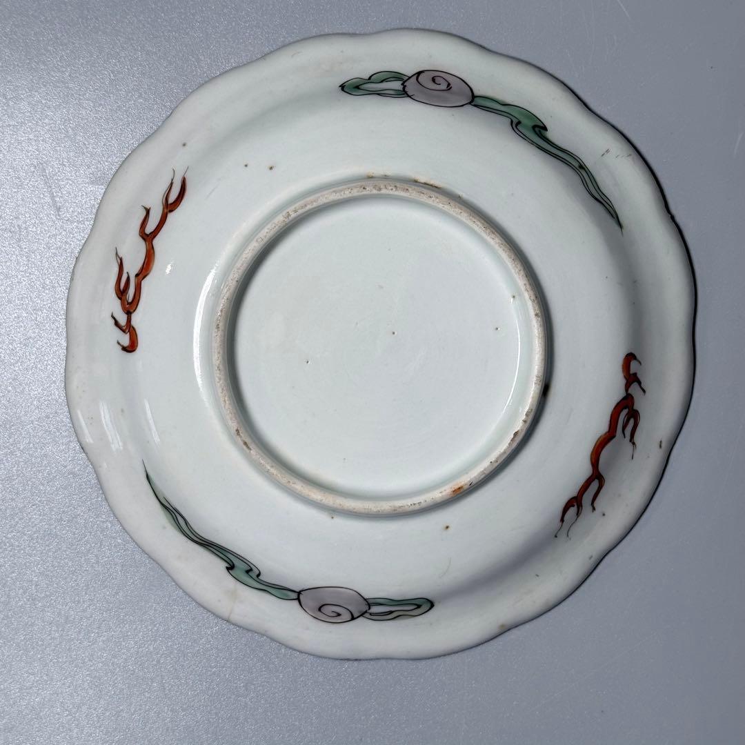 江戸後期〜明治　古伊万里　色絵屏風文様輪花形五寸皿　五枚　15.6cm　料理屋