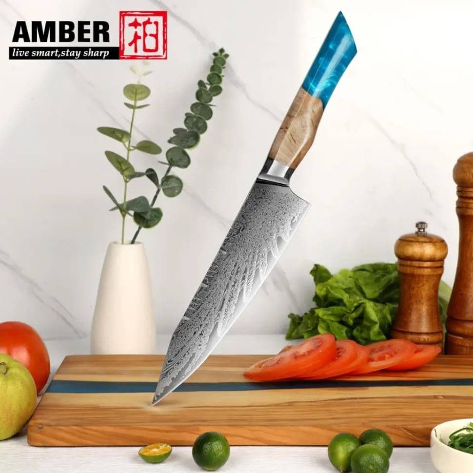 V金10号 67層ダマスカス鋼 ハイポリッシュ 切付 牛刀包丁 レジンウッド柄