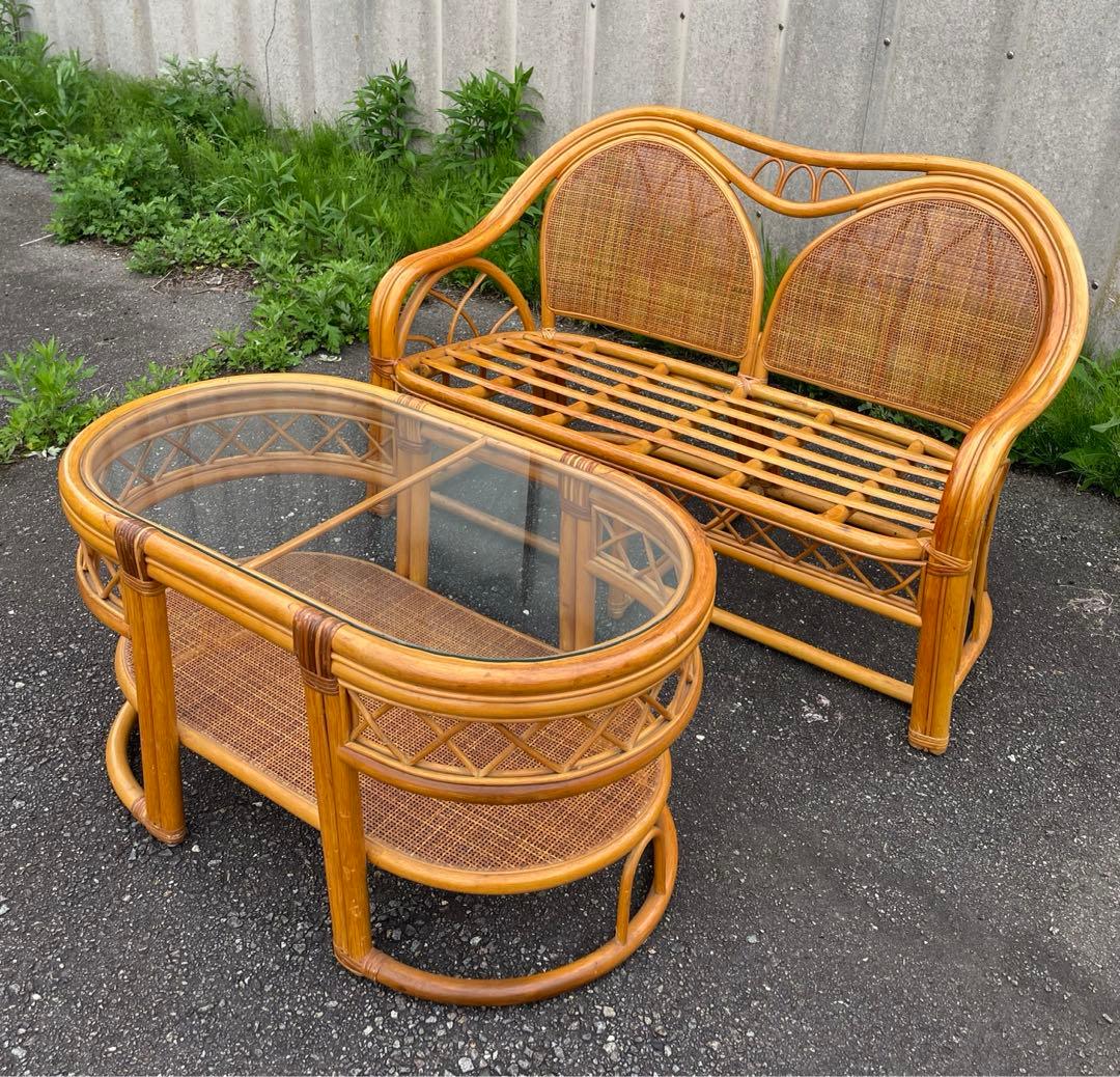 ビンテージ/ラタン/ラタン家具/籐家具/ガラステーブル/センターテーブル/楕円