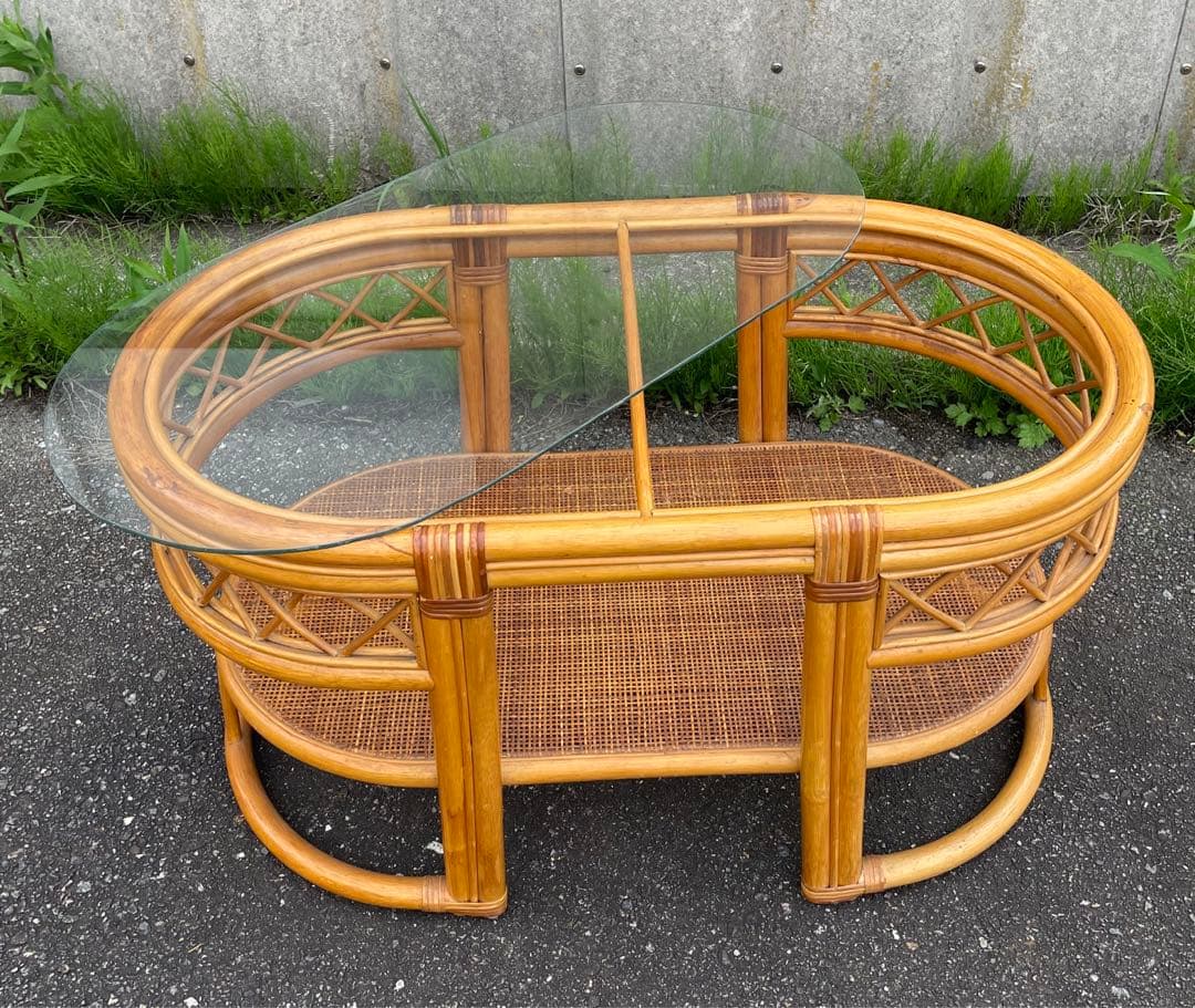 ビンテージ/ラタン/ラタン家具/籐家具/ガラステーブル/センターテーブル/楕円