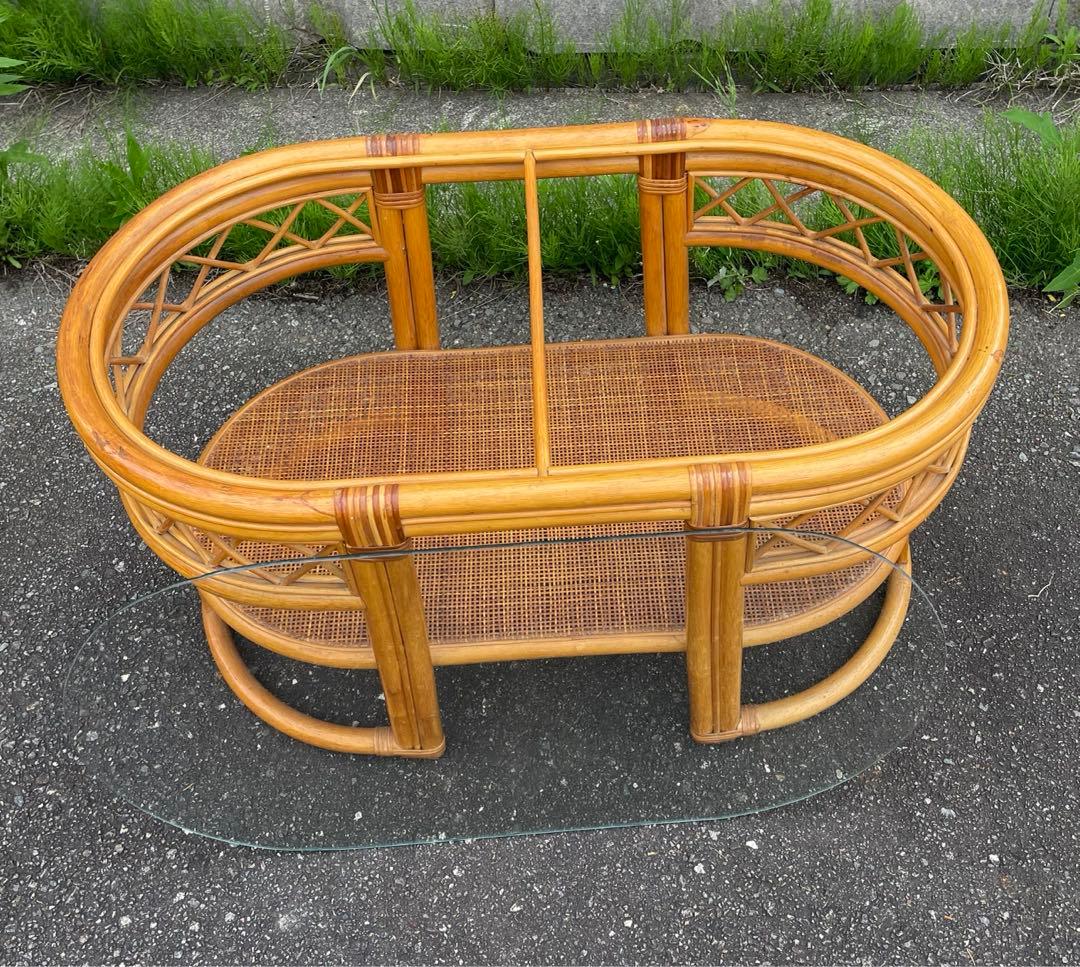 ビンテージ/ラタン/ラタン家具/籐家具/ガラステーブル/センターテーブル/楕円