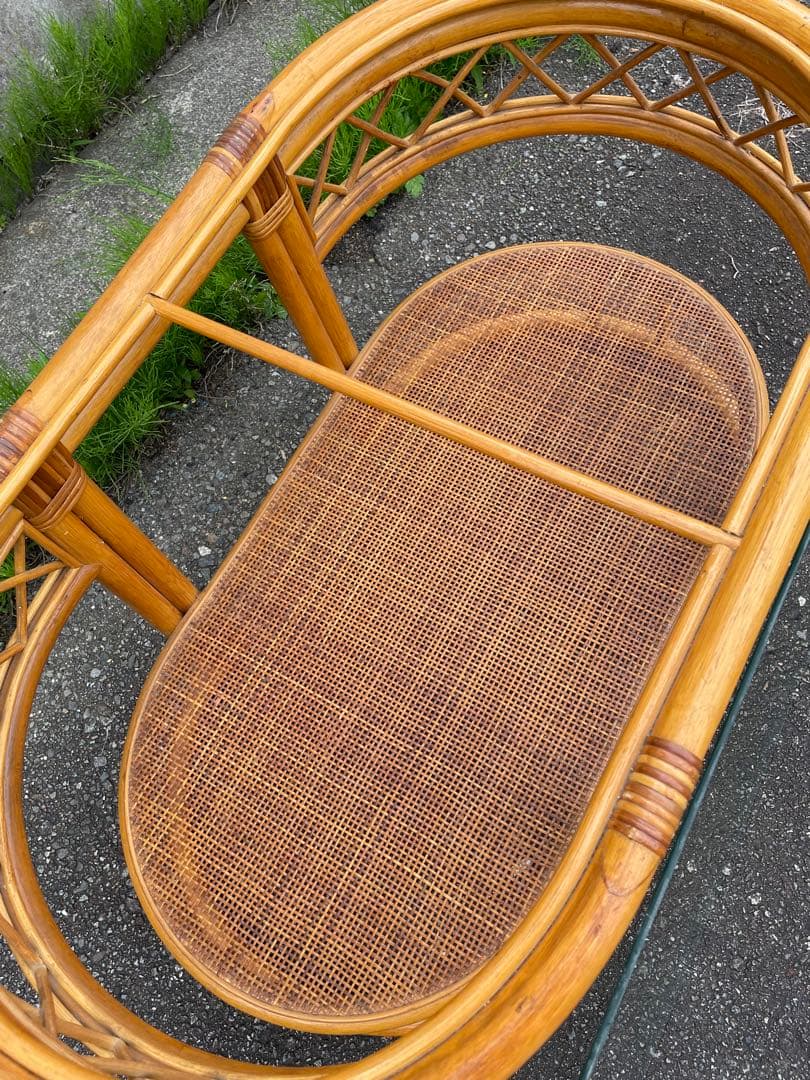ビンテージ/ラタン/ラタン家具/籐家具/ガラステーブル/センターテーブル/楕円