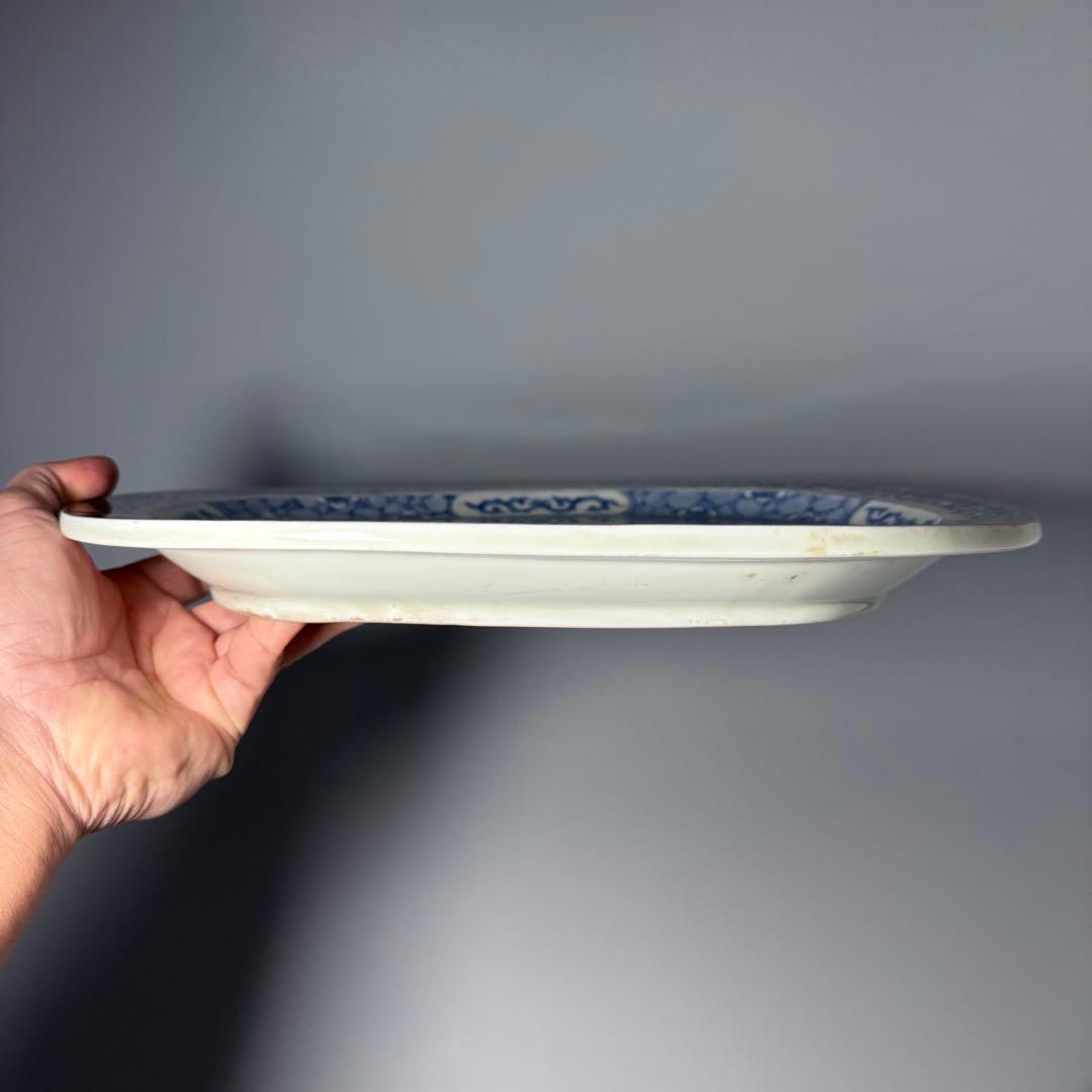 幕末〜明治期　古伊万里　染付松竹梅鶴亀扇子絵大皿　細かい絵付け　唐草文　32cm