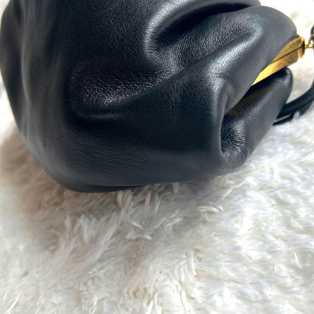 【美品】ハマノ ハンドバッグ サンピエトロ がま口 ビジュー ブラック　レザー