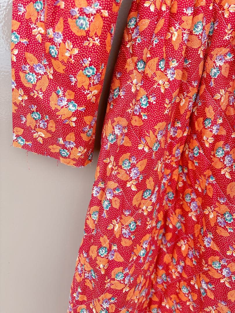 70s70年代ILGWUキルティングドレスワンピースヴィンテージ花柄ベロア