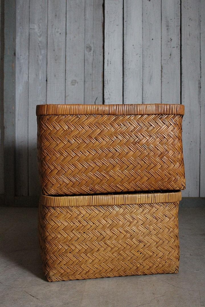 状態の良い古い竹編みの収納かご　行李　竹籠　篭　古道具