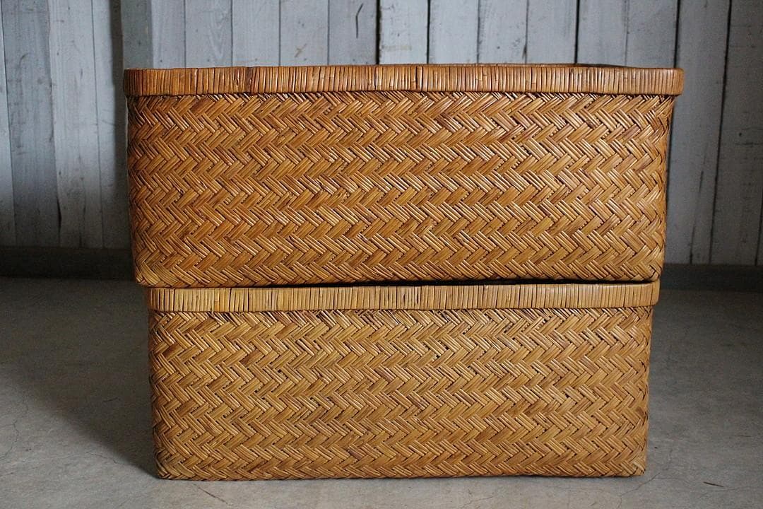 状態の良い古い竹編みの収納かご　行李　竹籠　篭　古道具