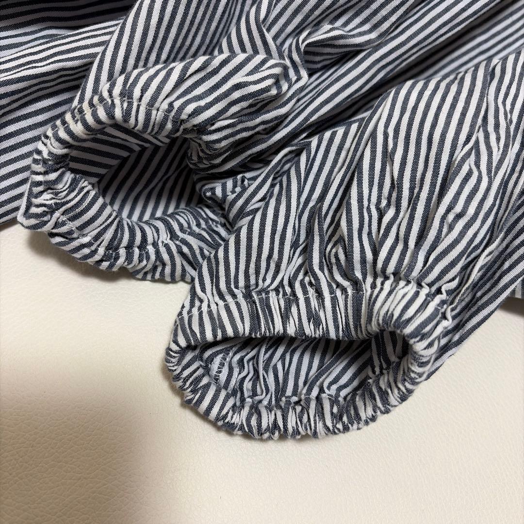 【美品】BEARDSLEY 先染めギャザーワンピース　ブルーネイビー　ストライプ