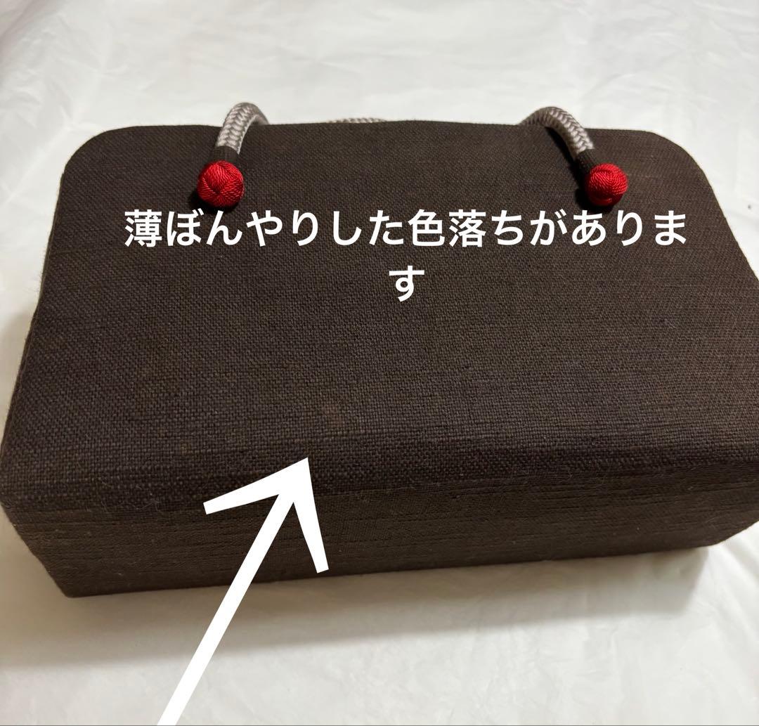 利休バッグ　紬地　 焦茶×赤小田巻　組紐持ち手　 カジュアル着物バッグ