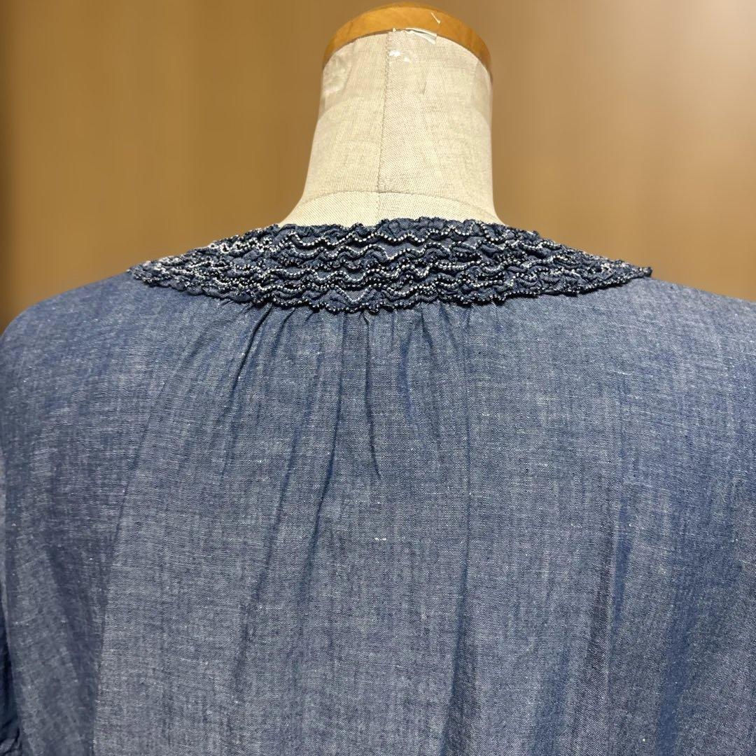 ピンクハウス　デニム　胸元フリル　ワンピース　半袖　コットンリネン