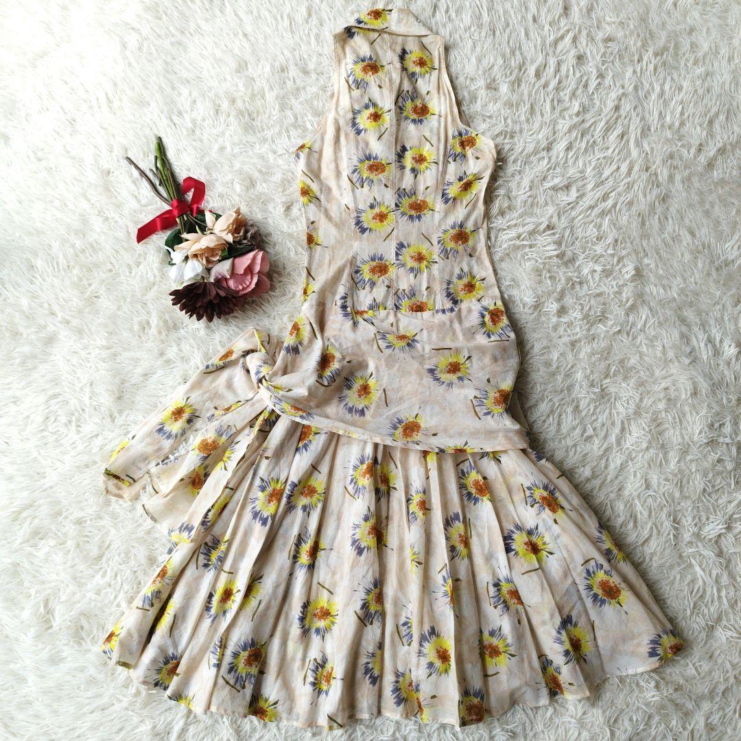 美品✨ヴァレンティノ　ノースリーブシャツワンピース　花柄　ウエストリボン　38