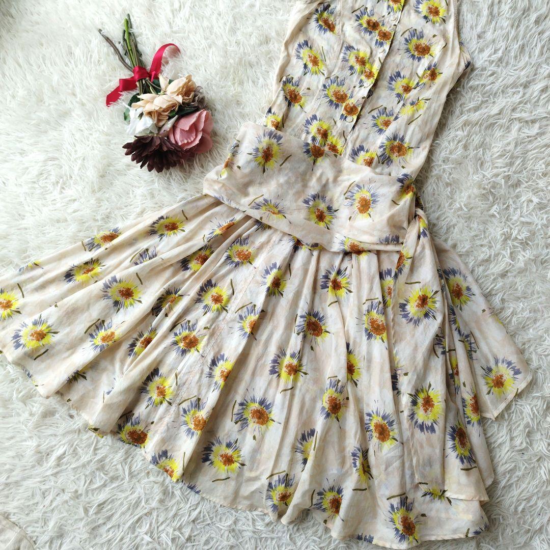 美品✨ヴァレンティノ　ノースリーブシャツワンピース　花柄　ウエストリボン　38