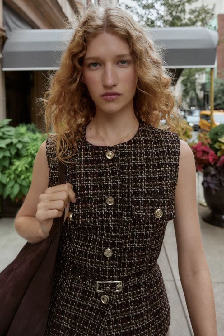 ZARA ベルト付きテクスチャーベスト　L