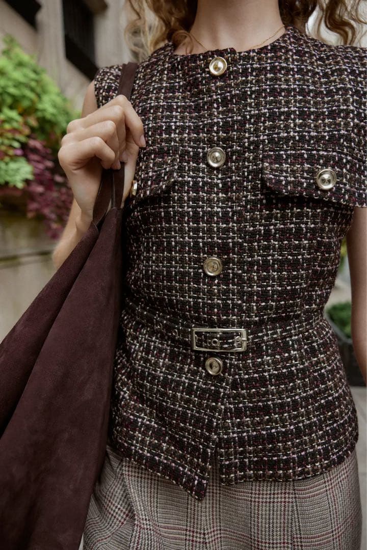 ZARA ベルト付きテクスチャーベスト　L